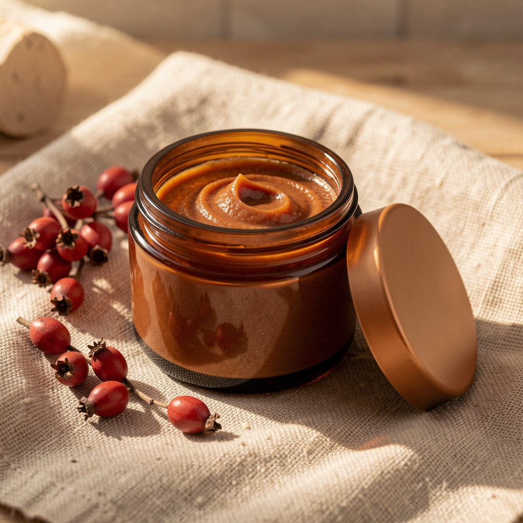 Amber glass jar of rich body butter with its lid beside it, arranged on a raw linen cloth with dried rosehip botanicals, warm morning light
